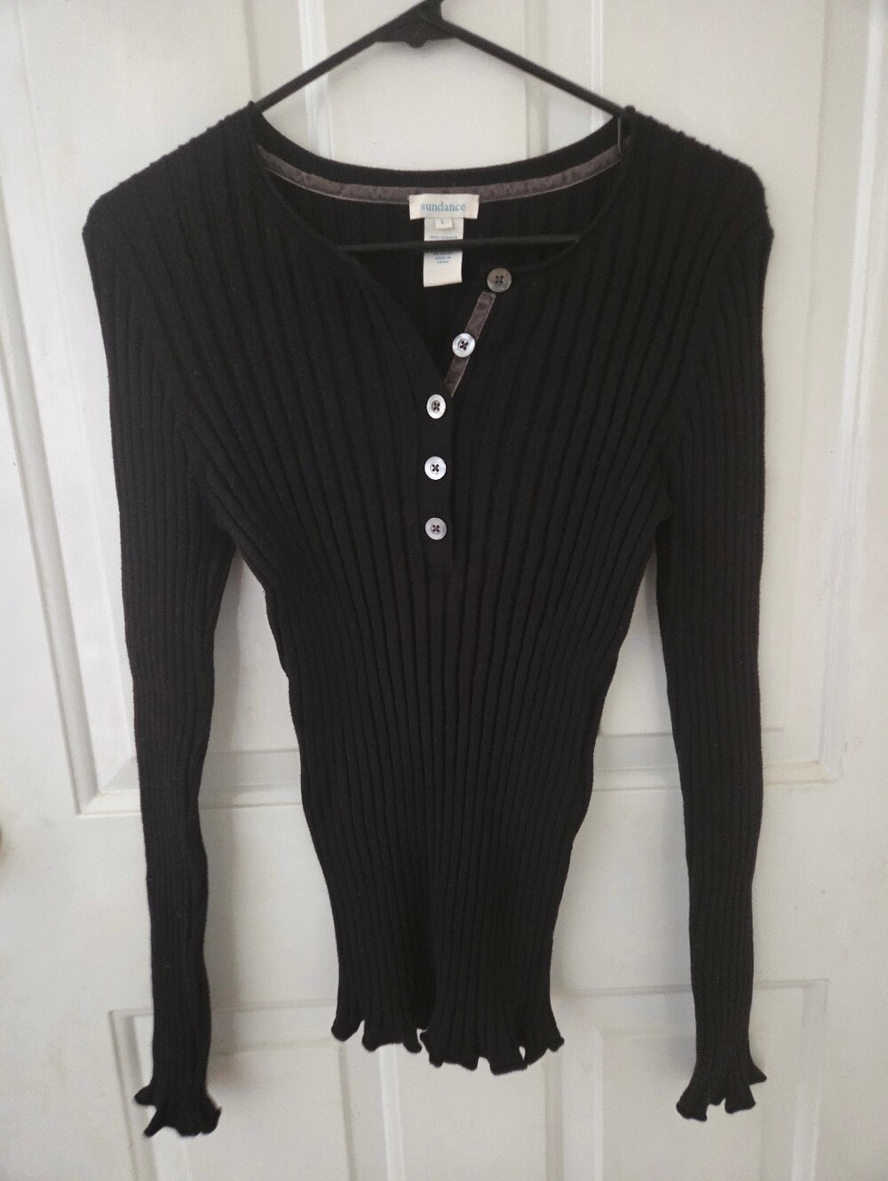 Sundance Organic Cotton Black Ribbed Henley Sweater Top